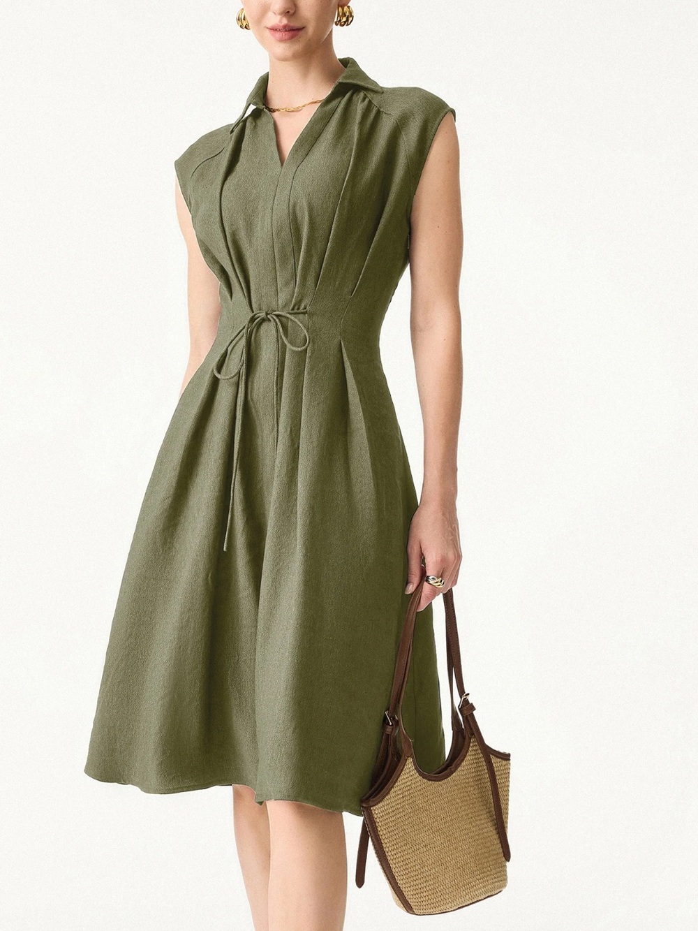 ☀️ New! OGL Viscose-Linen V-neck Midi Dress with Drawstring
